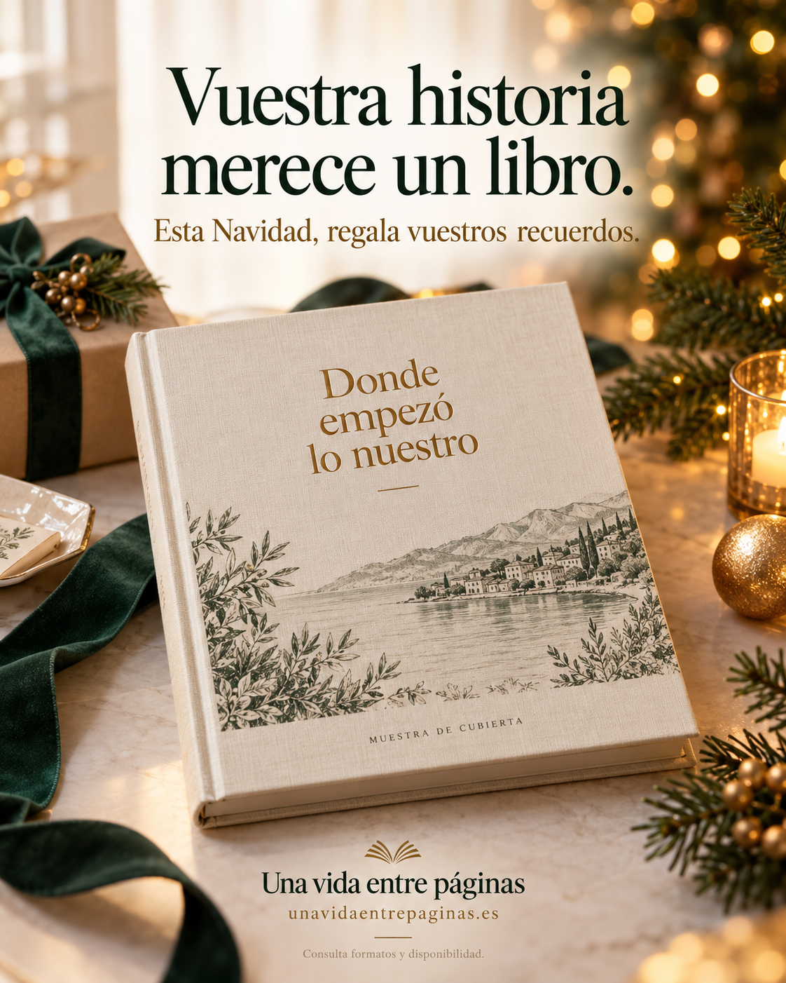 Propuesta visual de un libro de pareja titulado Donde empezó lo nuestro, con decoración navideña.
